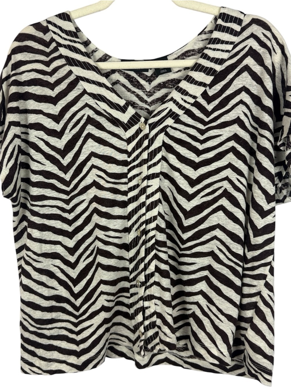 Tahari 100% Linen Zebra Print V-Neck Button-Front Short Sleeve Blouse L